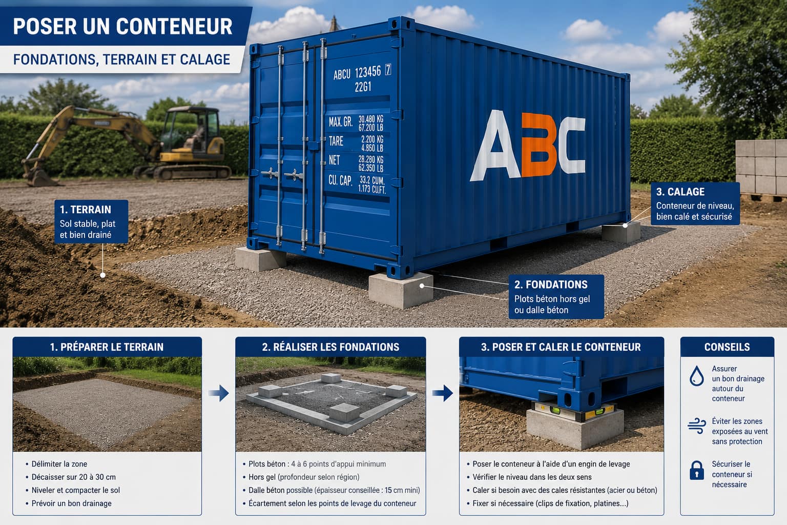Poser un conteneur : fondations, terrain et calage