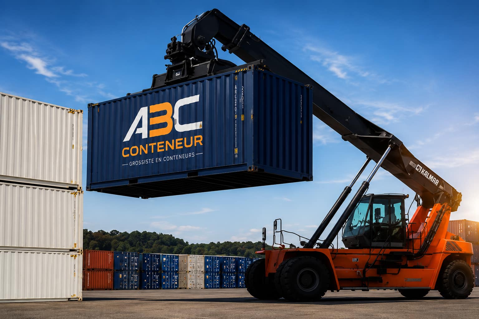 Manutention d'un conteneur ABC Conteneur par reach-stacker sur notre dépôt